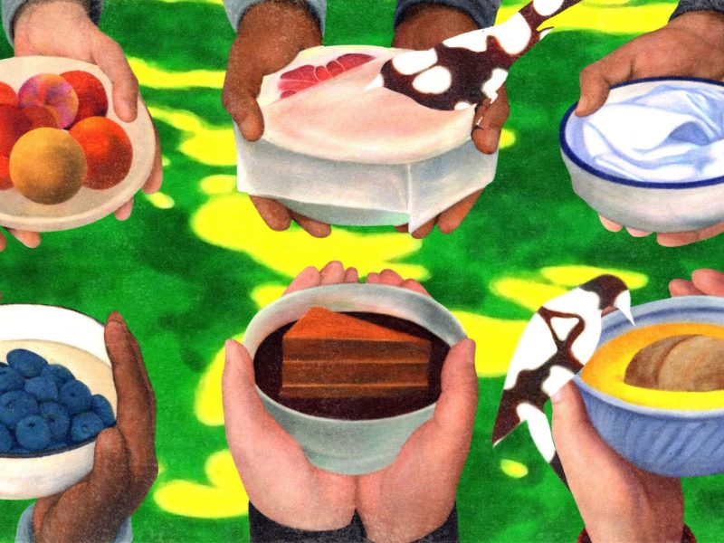 An illustration of six pairs of hands holding out various dishes of food over a grassy expanse.