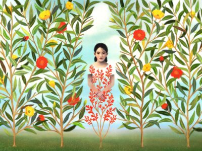 An illustration of a girl surrounded by a growing flower bush, with a cut-out around her in the shape of a woman.