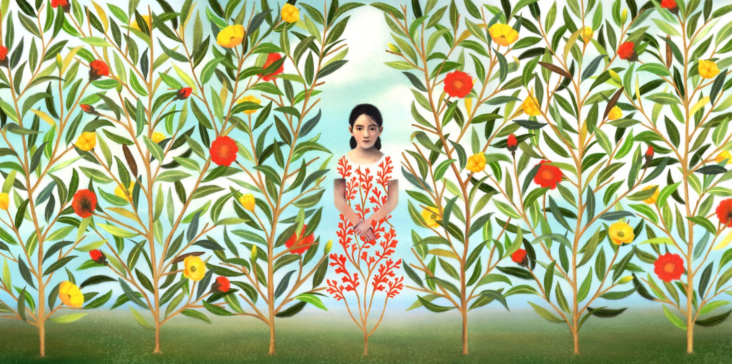 An illustration of a girl surrounded by a growing flower bush, with a cut-out around her in the shape of a woman.