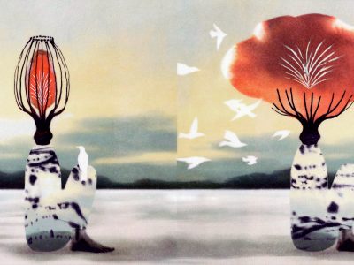 A two-panel illustration of a person with a flower head; in the first, the bud is closed, and in the second, the flower is in bloom.