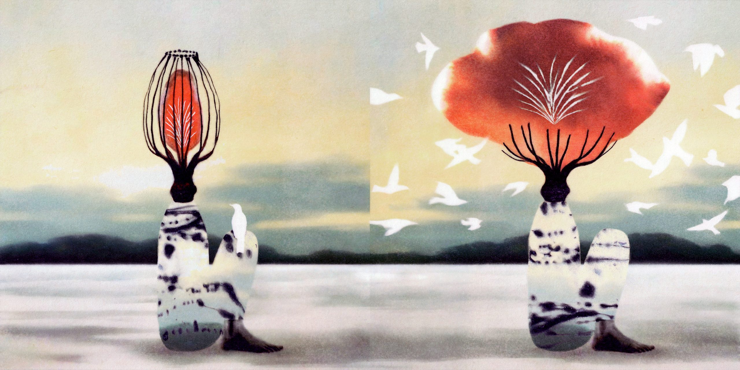 A two-panel illustration of a person with a flower head; in the first, the bud is closed, and in the second, the flower is in bloom.