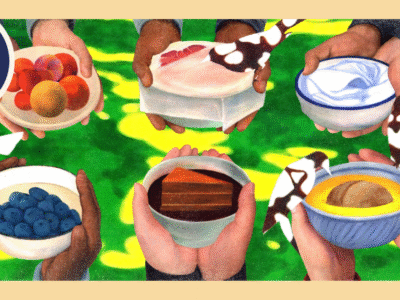 An illustration of six pairs of hands holding out various dishes of food over a grassy expanse, with a "conversation club" sticker in the corner.