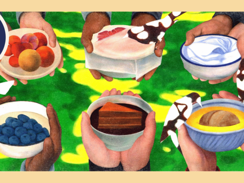 An illustration of six pairs of hands holding out various dishes of food over a grassy expanse, with a "conversation club" sticker in the corner.