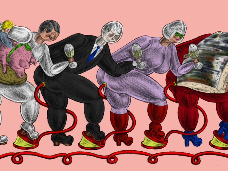 An illustration of four blow-up figures, pumping each other up with foot pedals.