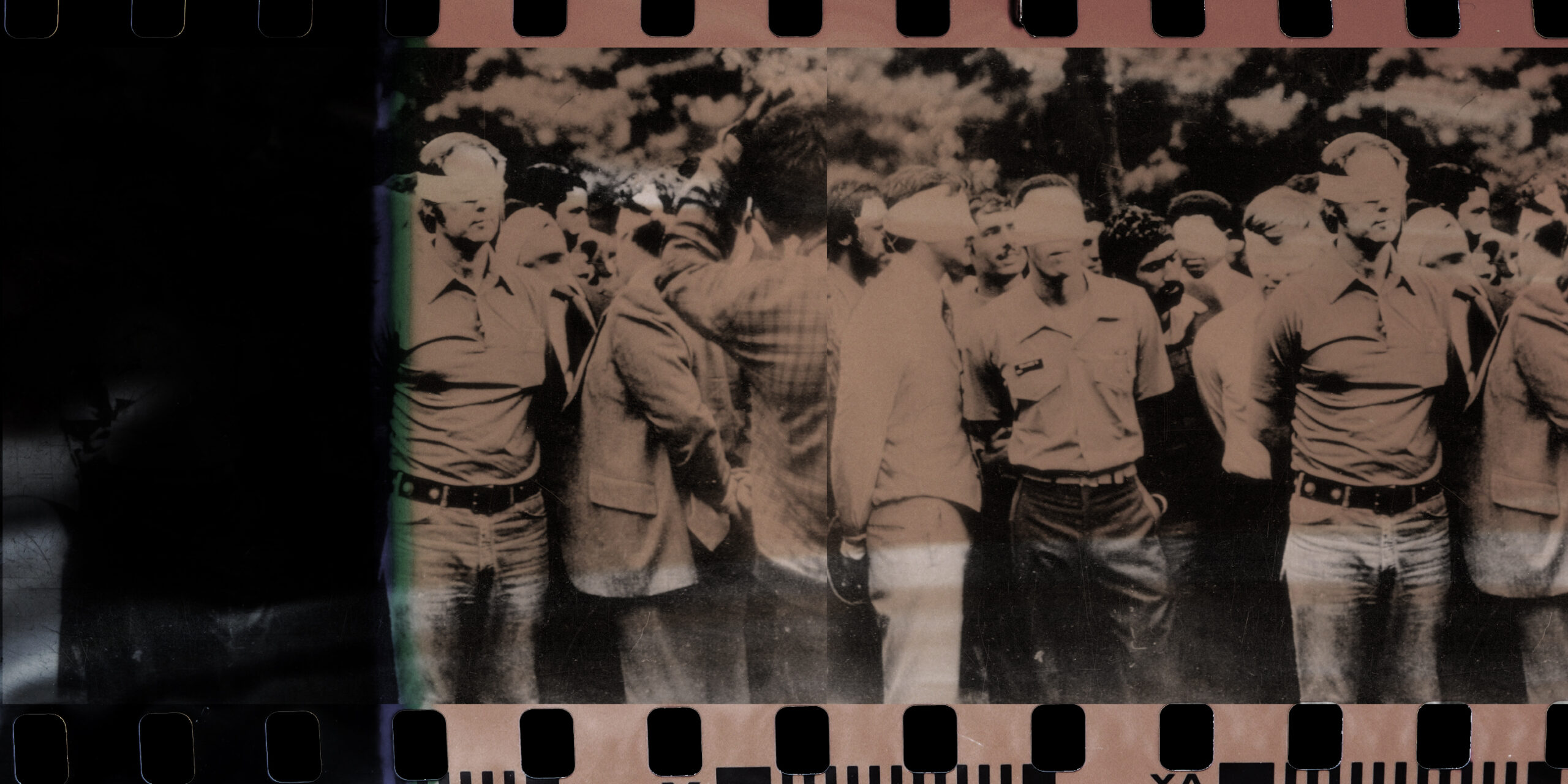 Photo illustration by The Conversationalist, featuring a film strip imposed over a photo from the Iranian hostage crisis. (Getty/Alamy)