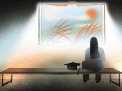 Illustration of a woman sitting on a bench with a graduation cap beside her, looking out a window shaped like a book.