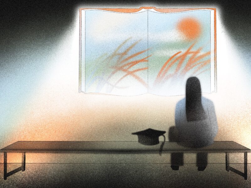 Illustration of a woman sitting on a bench with a graduation cap beside her, looking out a window shaped like a book.