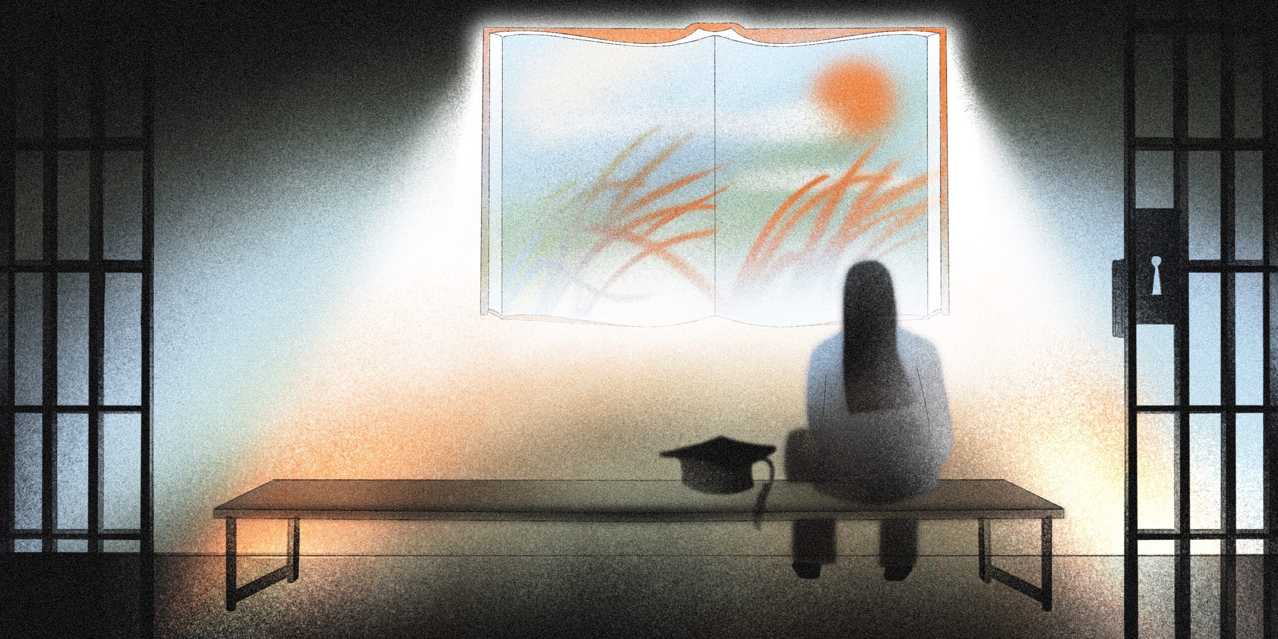 Illustration of a woman sitting on a bench with a graduation cap beside her, looking out a window shaped like a book.