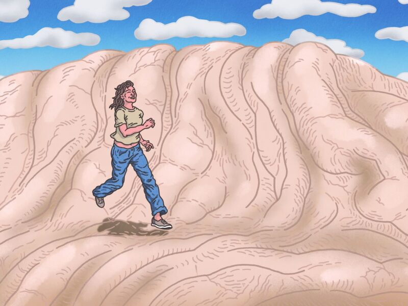 An illustration of a woman running on a wrinkled mountain.