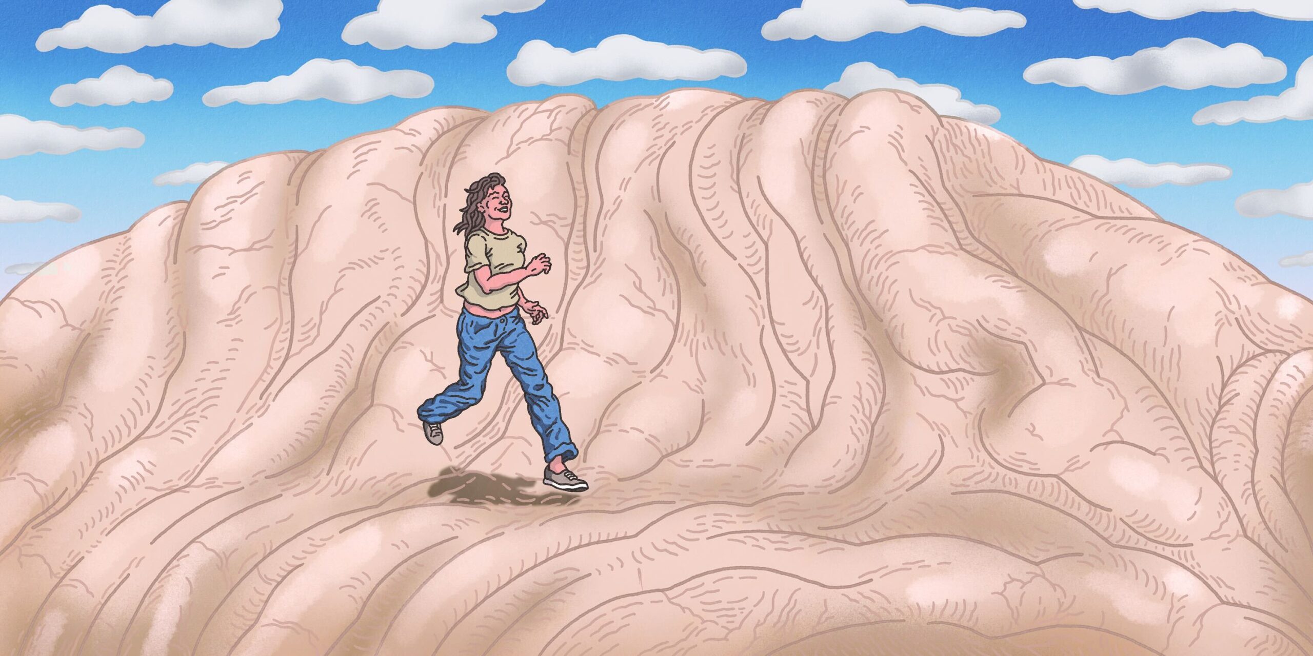 An illustration of a woman running on a wrinkled mountain.