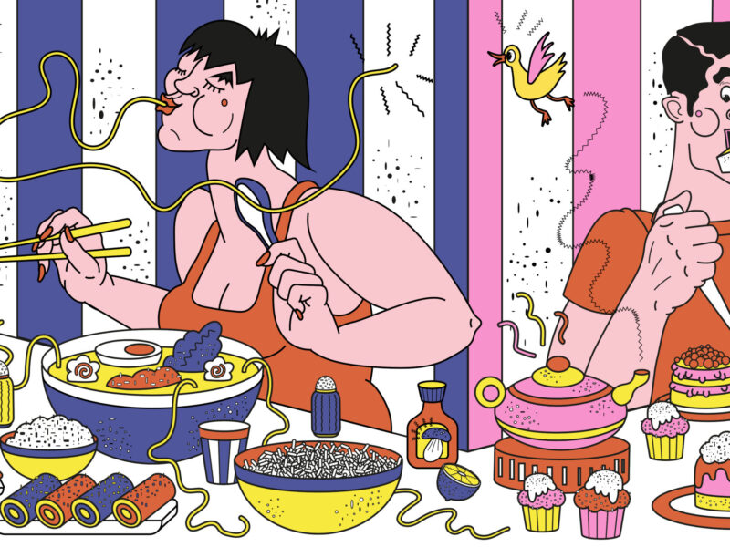 An illustration of a woman on a blue striped background eating a bunch of ramen, next to a man on a pink striped background eating a bunch of desserts.