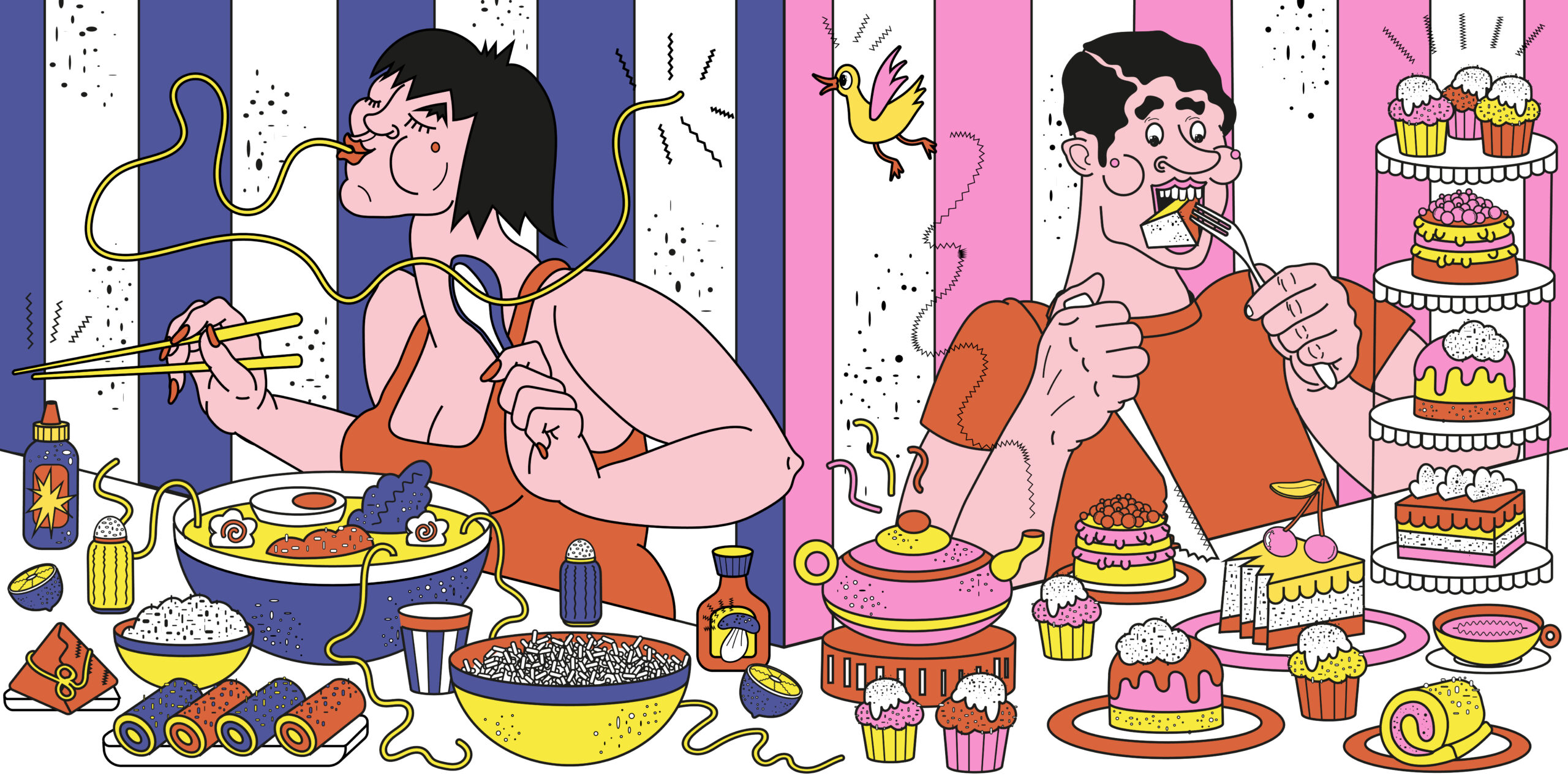 An illustration of a woman on a blue striped background eating a bunch of ramen, next to a man on a pink striped background eating a bunch of desserts.