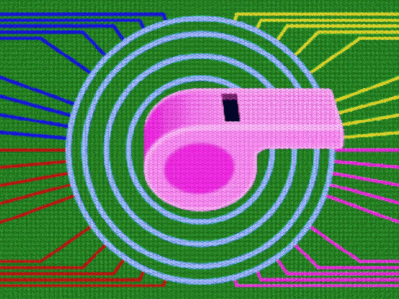 An animated gif of a pink whistle in the center of expanding circles, with spools of brightly colored filament spinning around it.
