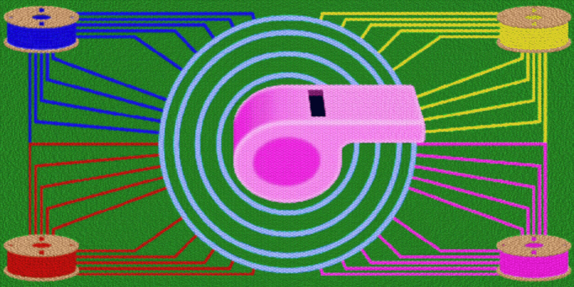 An animated gif of a pink whistle in the center of expanding circles, with spools of brightly colored filament spinning around it.