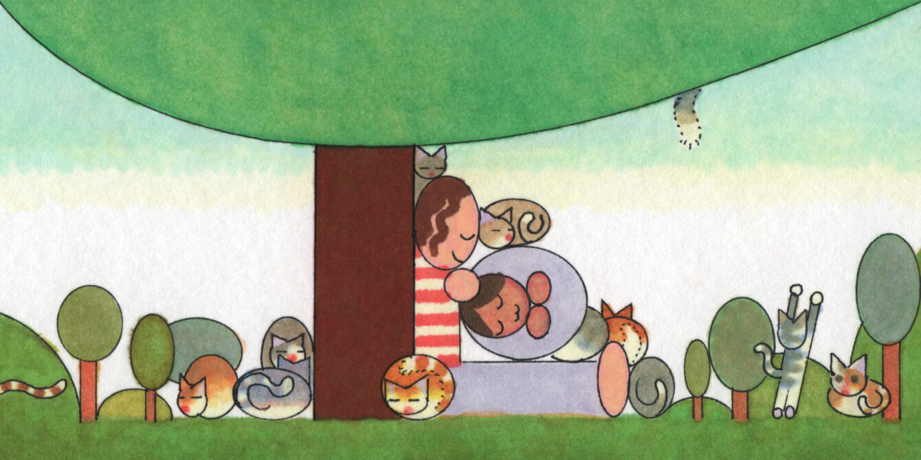 An illustration of two people sitting under a tree, surrounded by cats curled up napping.