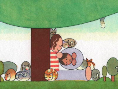 An illustration of two people sitting under a tree, surrounded by cats curled up napping.