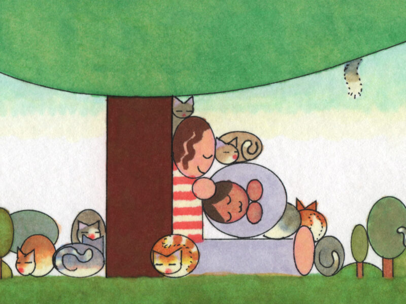 An illustration of two people sitting under a tree, surrounded by cats curled up napping.