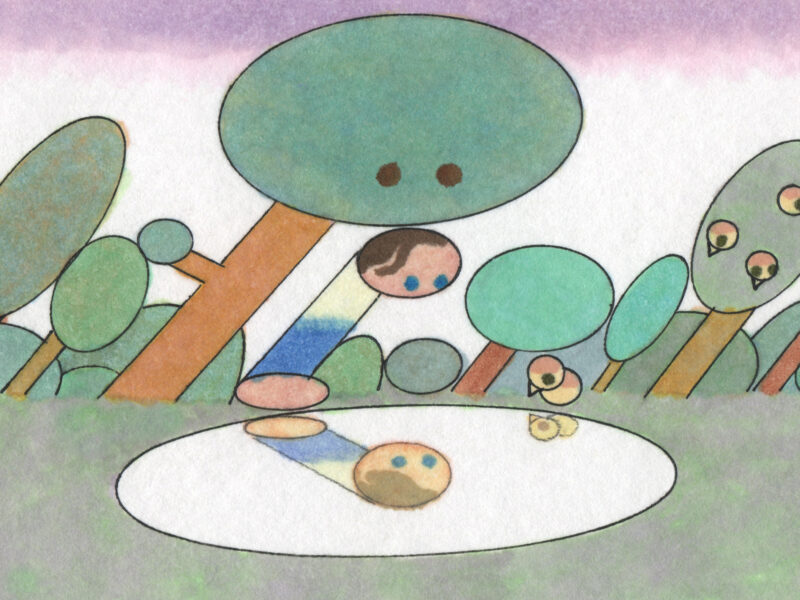 An illustration of a person leaning over water and looking at their reflection. A large tree behind them looks over their shoulder and a bird stands at the edge of the water.