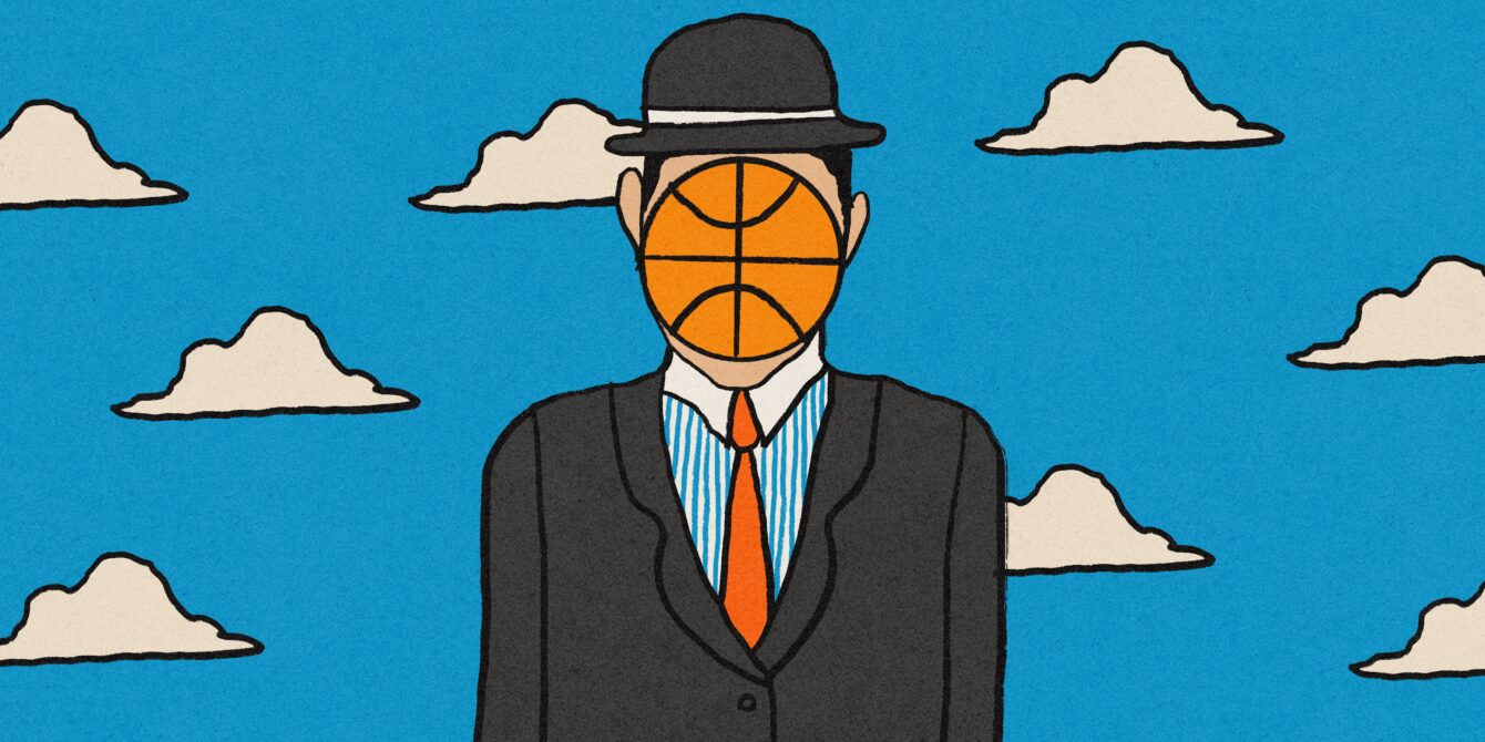 An illustration in the style of Magritte's "The Son of Man" with a basketball replacing the apple in front of the man's face.