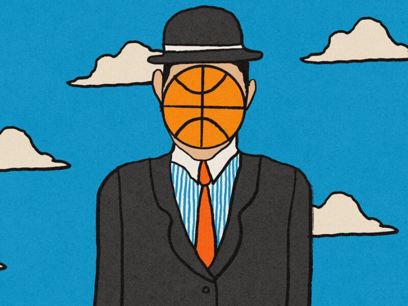 An illustration in the style of Magritte's "The Son of Man" with a basketball replacing the apple in front of the man's face.