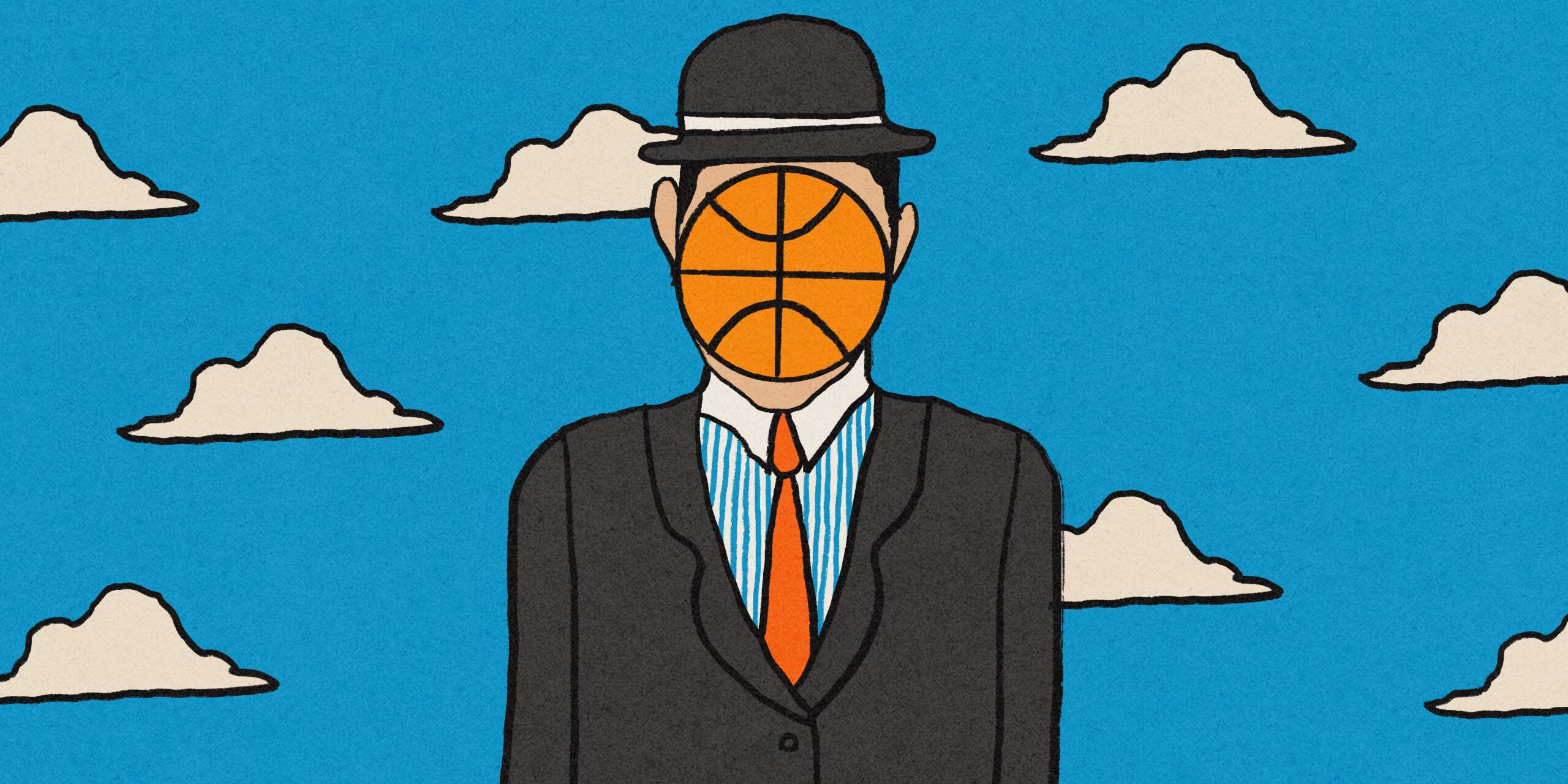 An illustration in the style of Magritte's "The Son of Man" with a basketball replacing the apple in front of the man's face.