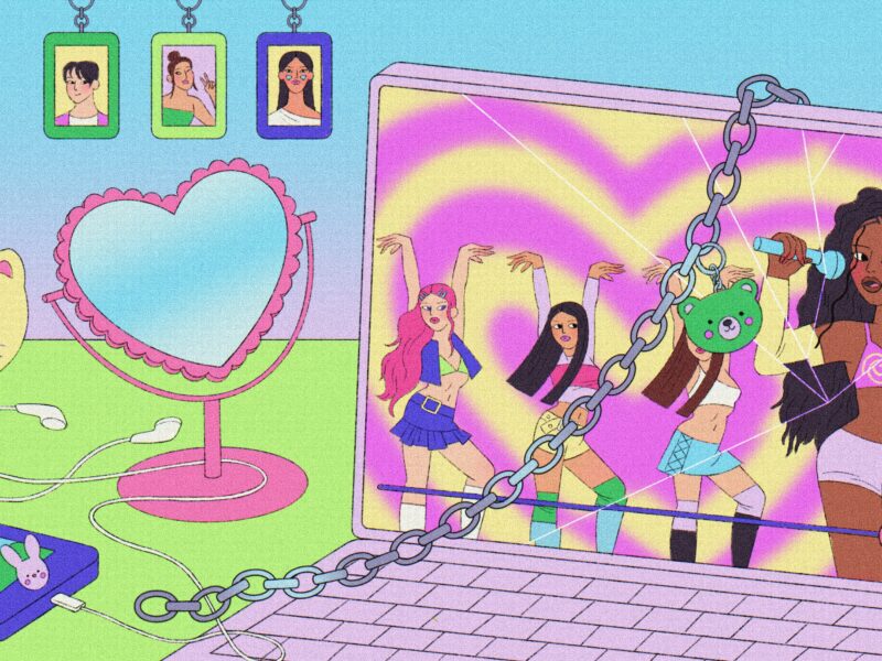 A colorful illustration of a laptop playing a YouTube video featuring a K-pop global group.