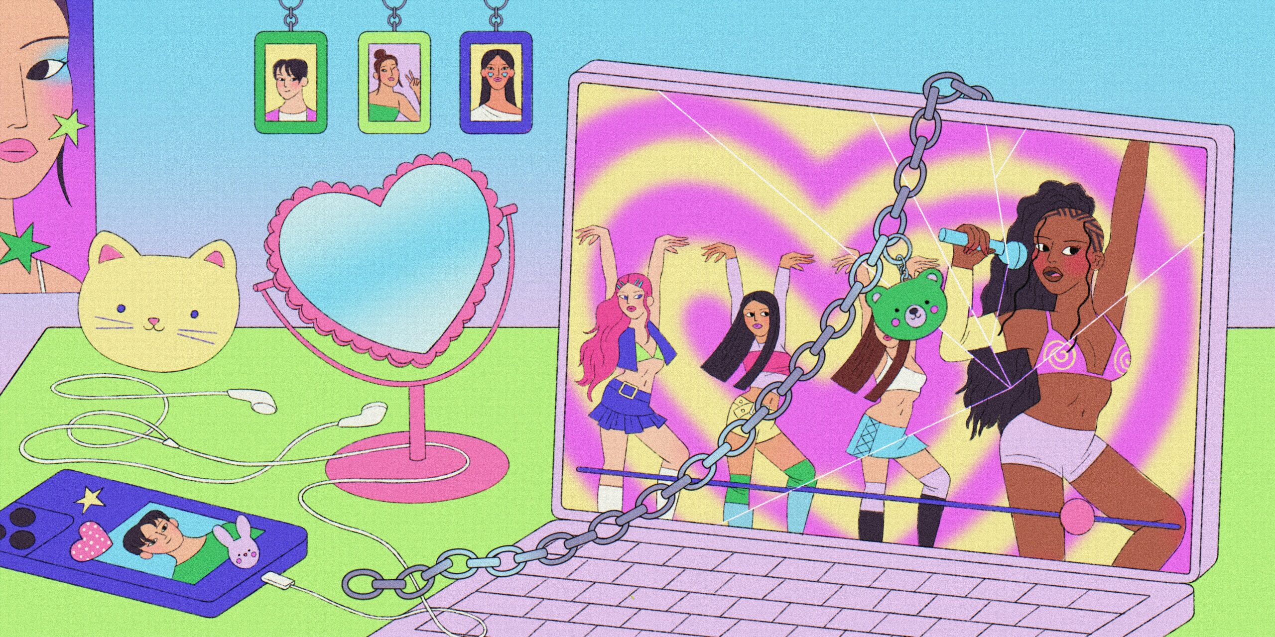 A colorful illustration of a laptop playing a YouTube video featuring a K-pop global group.