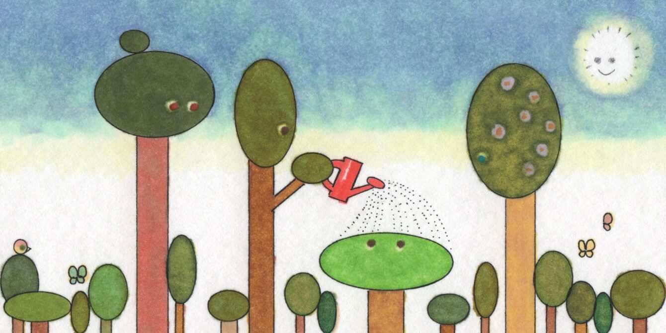 An illustration of a group of trees, with one of the tallest watering one of the shortest.