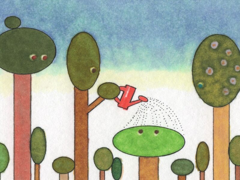An illustration of a group of trees, with one of the tallest watering one of the shortest.