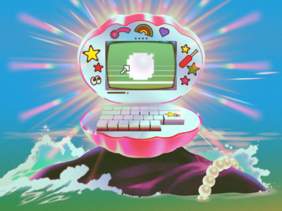 An illustration of a clam shell that's been repurposed into a cyberdeck.