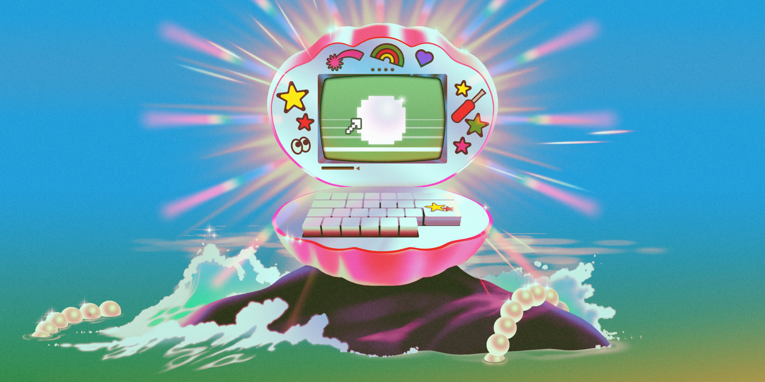 An illustration of a clam shell that's been repurposed into a cyberdeck.