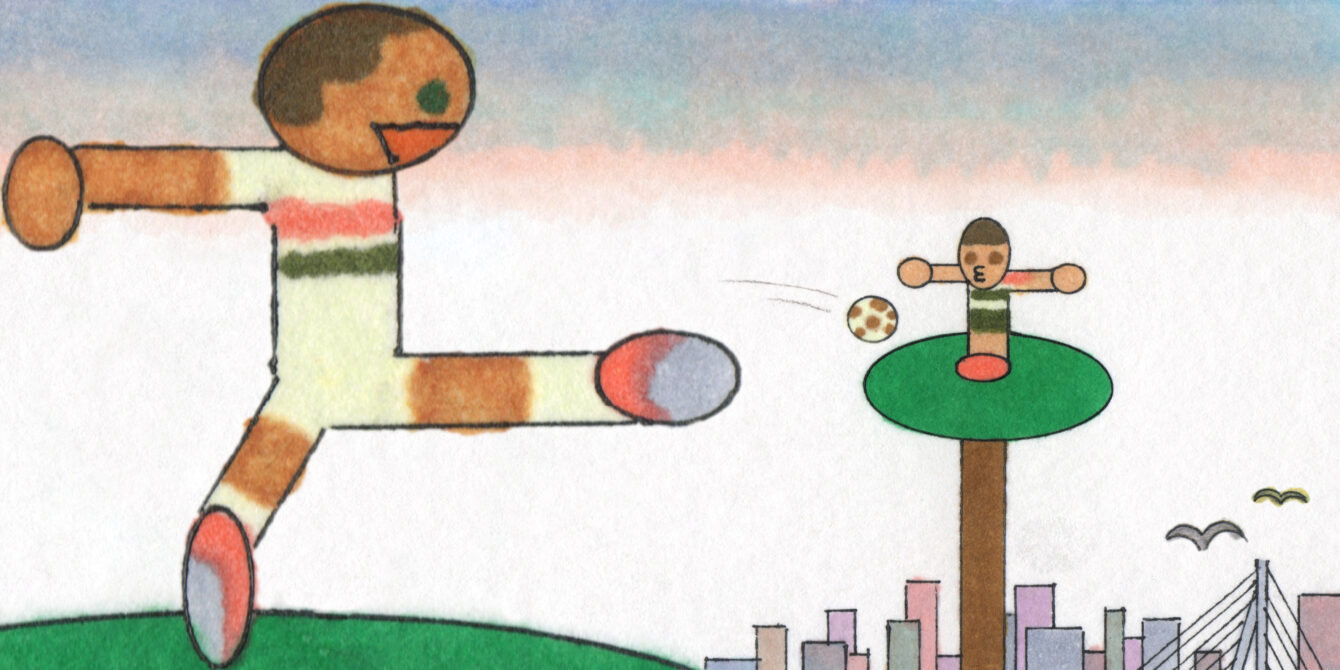 An illustration of two people passing a soccer ball between them from atop two trees.