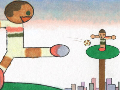 An illustration of two people passing a soccer ball between them from atop two trees.