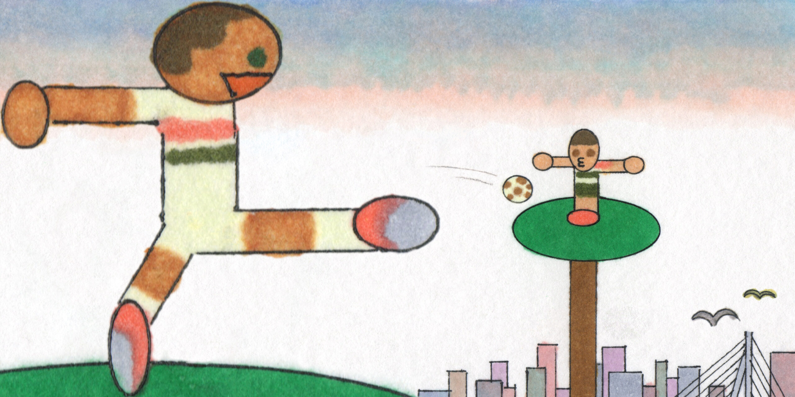 An illustration of two people passing a soccer ball between them from atop two trees.