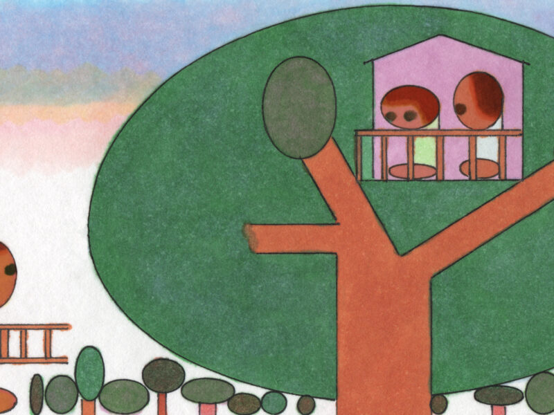 An illustration of two siblings in a treehouse, while on the ground, an older sibling holds a ladder and looks up at them.