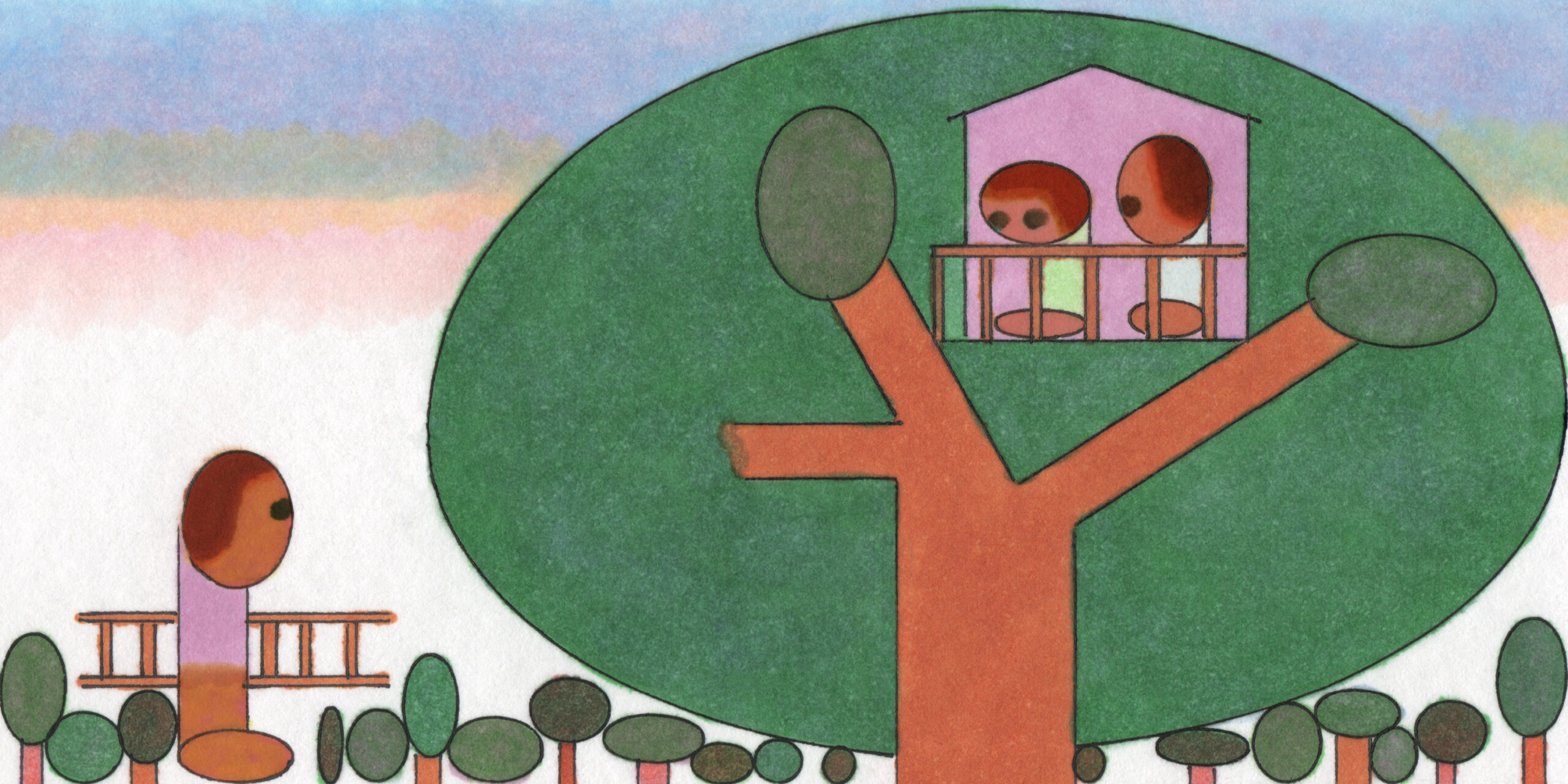 An illustration of two siblings in a treehouse, while on the ground, an older sibling holds a ladder and looks up at them.