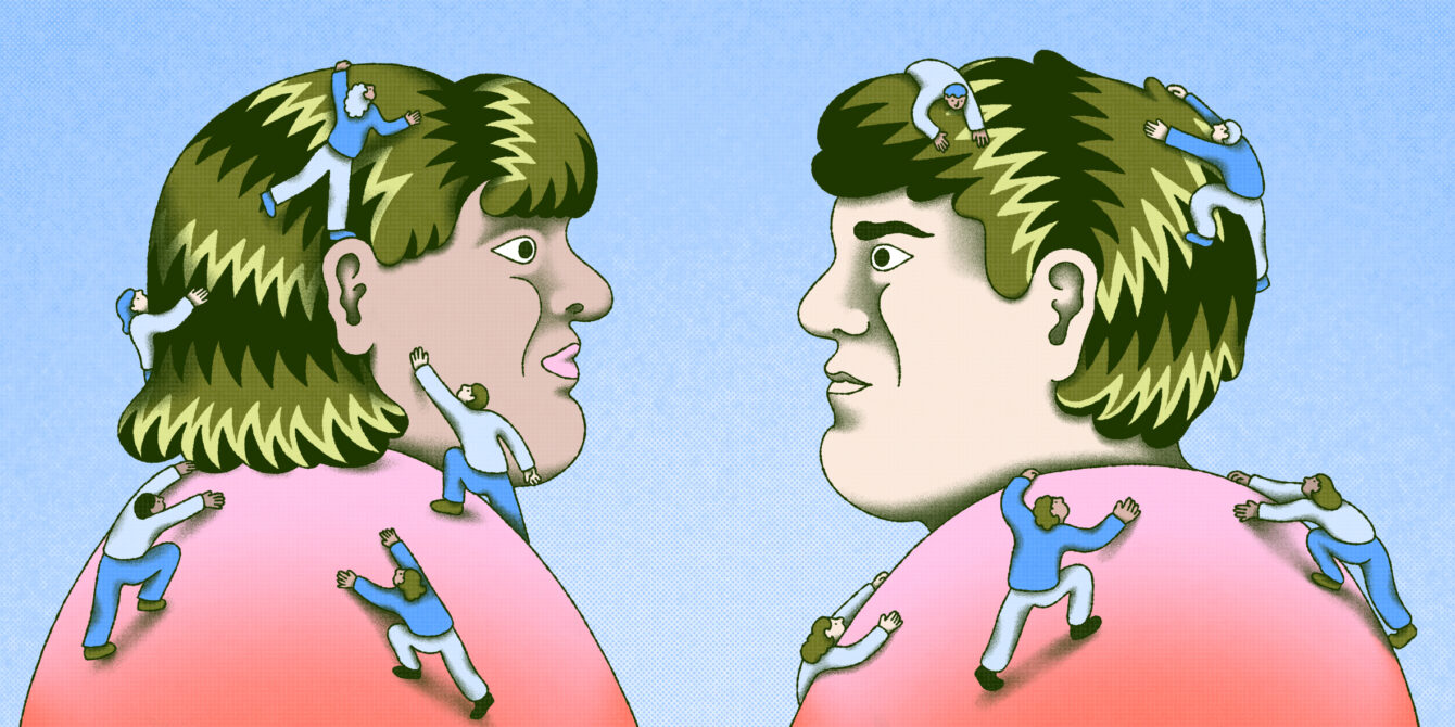 An illustration of two figures in profile looking at one another as small people climb all over them.