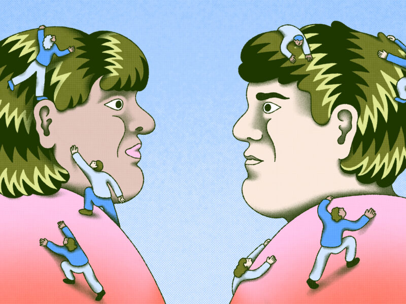 An illustration of two figures in profile looking at one another as small people climb all over them.