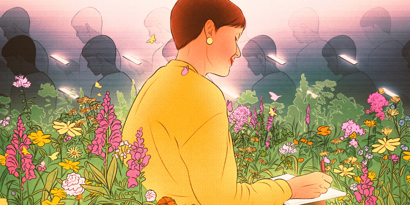 An illustration of a woman in a field of flowers writing by hand. In the background, anonymous rows of people are on their phones.