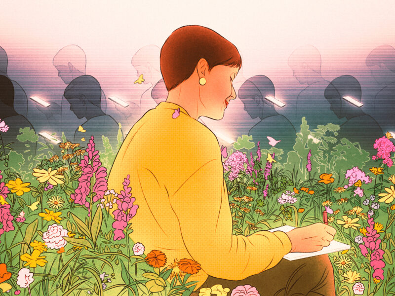 An illustration of a woman in a field of flowers writing by hand. In the background, anonymous rows of people are on their phones.