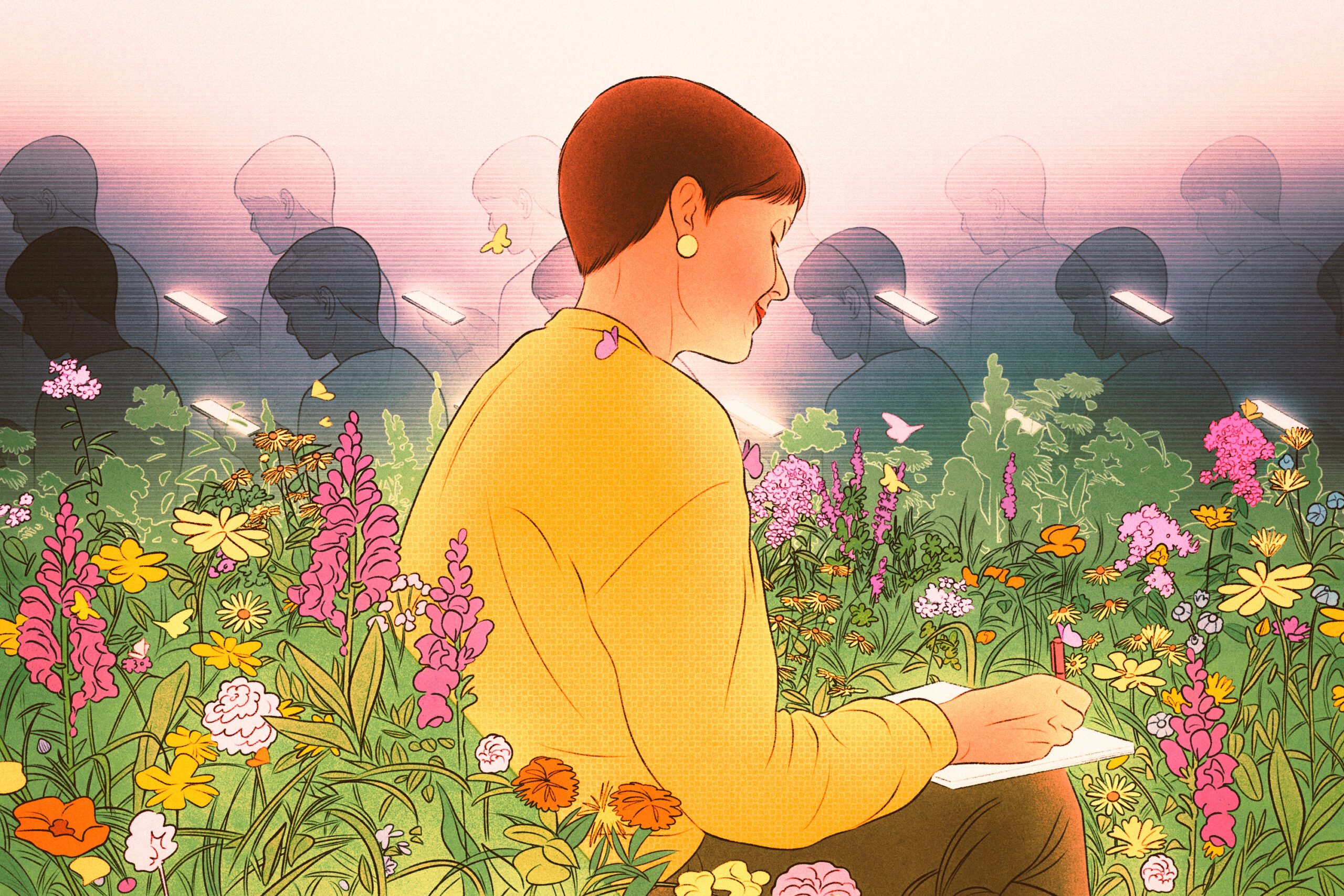 An illustration of a woman in a field of flowers writing by hand. In the background, anonymous rows of people are on their phones.