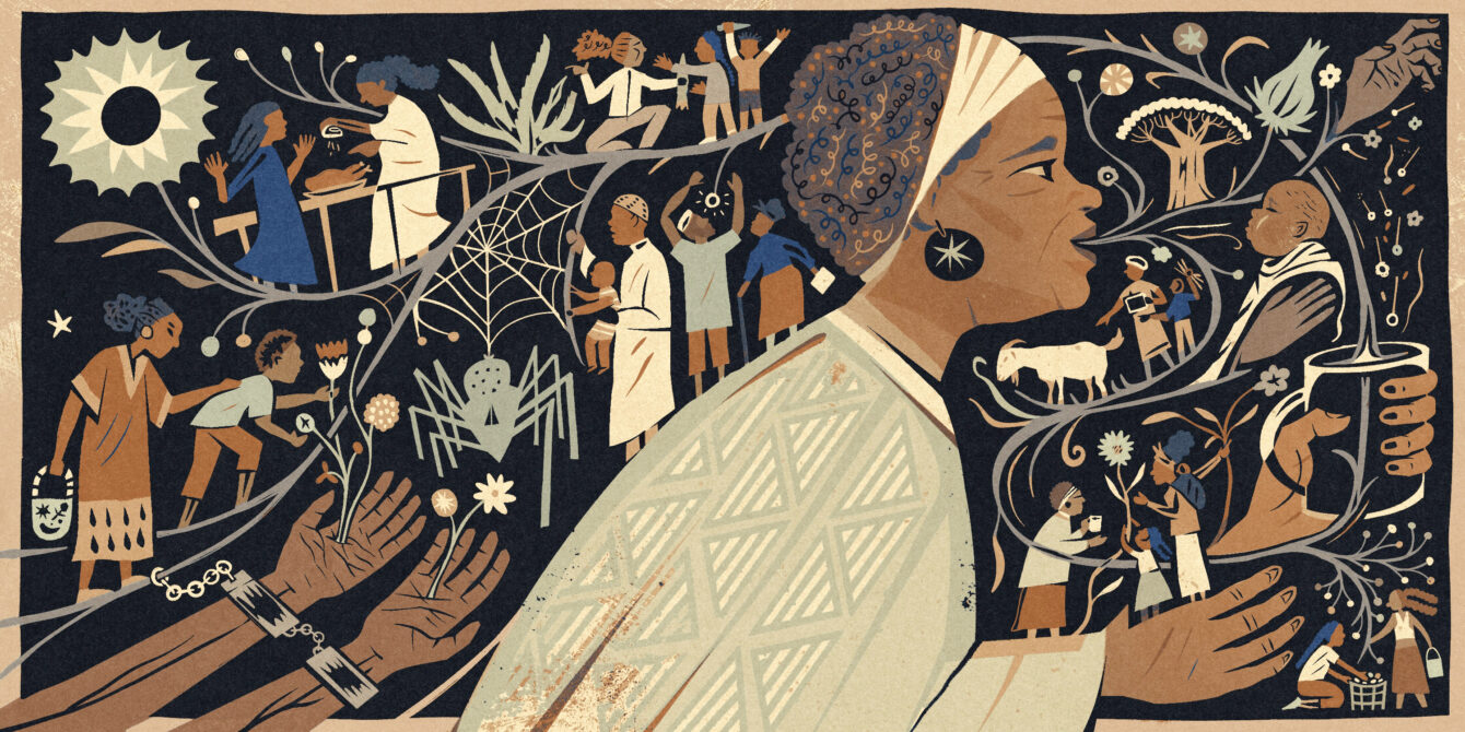 An illustration of an older woman surrounded by her family's history.