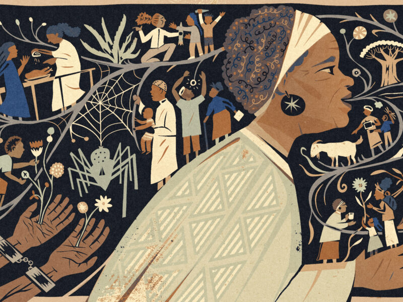An illustration of an older woman surrounded by her family's history.