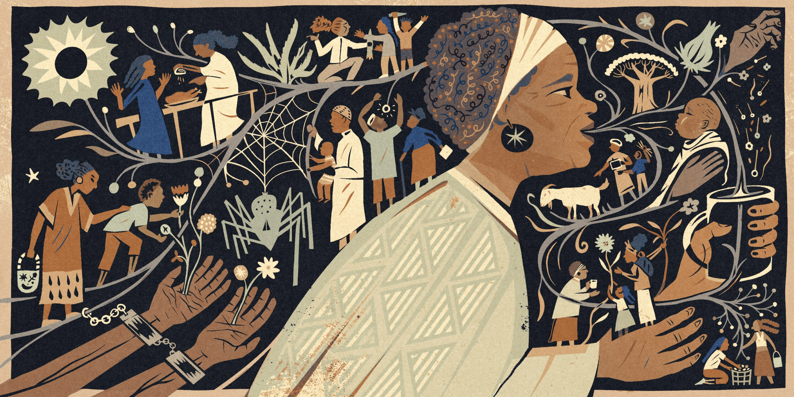 An illustration of an older woman surrounded by her family's history.