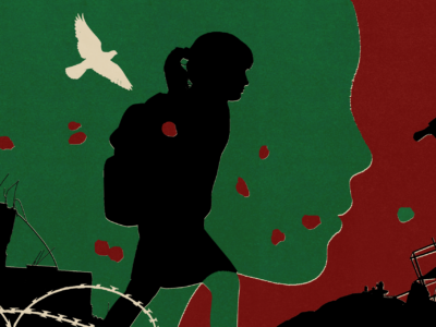 An illustration of the silhouette of a girl walking through an abstract background with her backpack.