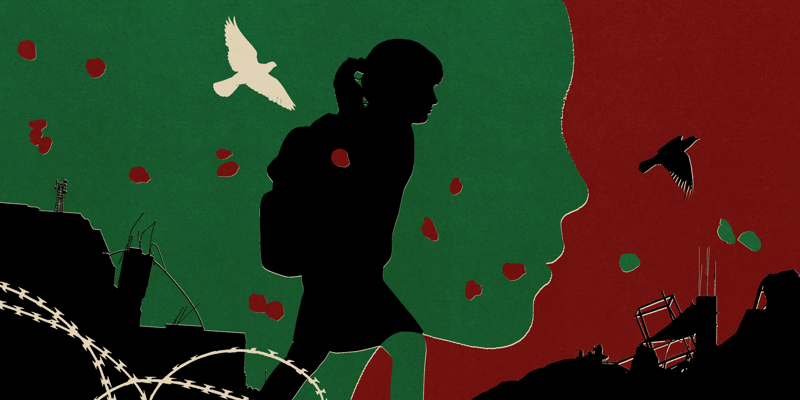 An illustration of the silhouette of a girl walking through an abstract background with her backpack.
