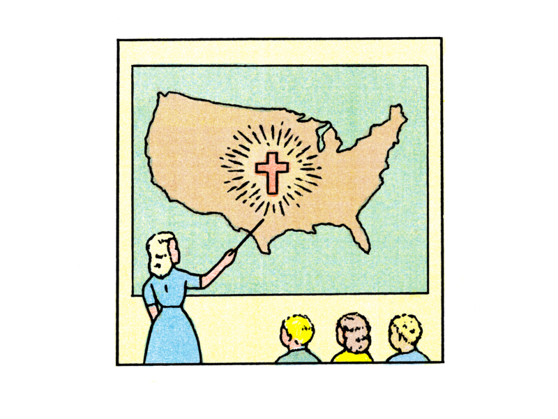 An illustration of a teacher pointing to a map of the United States with a cross in the middle and three children looking on.