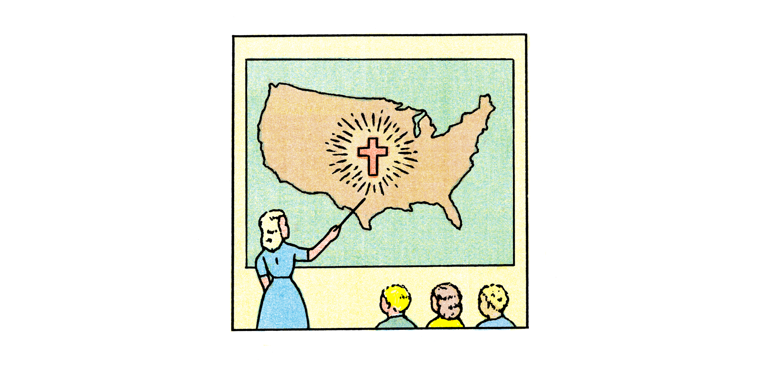 An illustration of a teacher pointing to a map of the United States with a cross in the middle and three children looking on.
