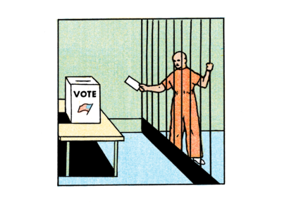 An illustration of a man in jail reaching through the bars to try to submit his vote.