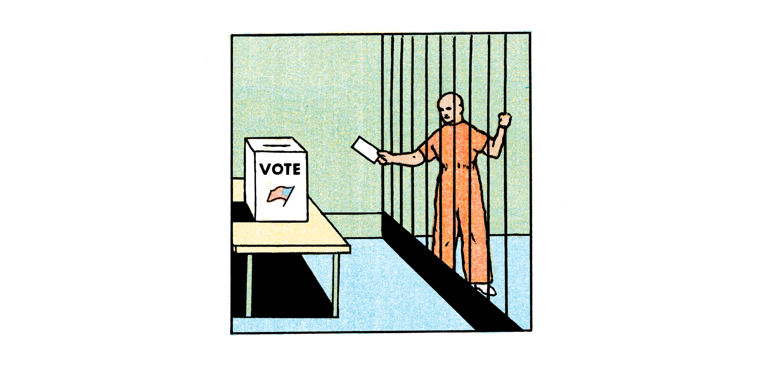 An illustration of a man in jail reaching through the bars to try to submit his vote.